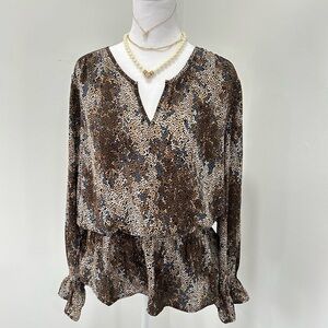 Counterparts Women’s Blouse L Brown Dot Print Peplum Long Sleeve Top